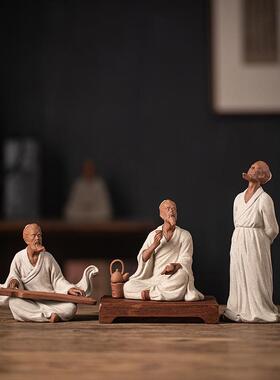 陶瓷人物摆件茶圣陆羽伯牙钟子期中式茶室客厅装饰中国风摆设