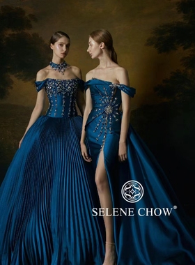 多莉丝礼服出租蓝色一字肩抹胸晚礼裙艺考主持人礼服高级感敬酒服