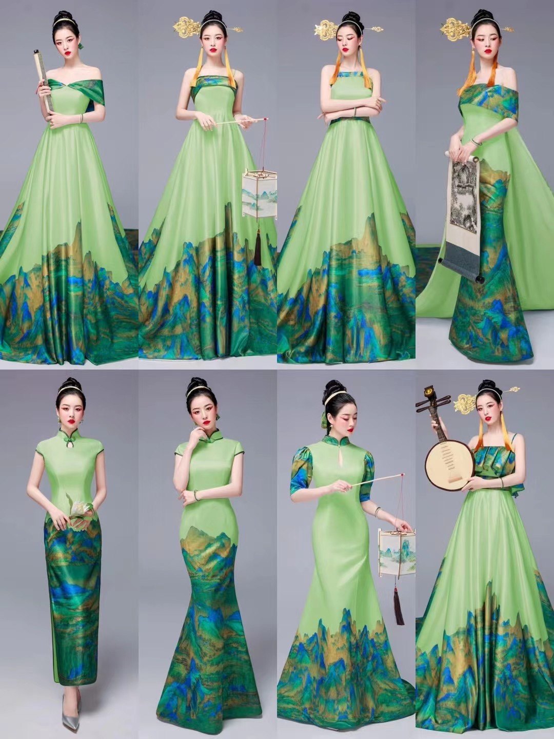 doris多莉丝礼服艺术馆青绿色国风礼服修身鱼尾大拖尾系列