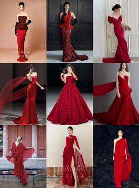 多莉丝2025新款红色晚礼服高端法式聚会小众拖尾齐地一字肩连衣裙