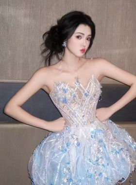 出租蓝色花朵抹胸晚礼服裙法式艺考主持人礼服新款高级感敬酒晨袍