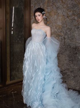 出租蓝色法式抹胸晚礼服2026新款轻奢小众订婚生日小拖尾主持人