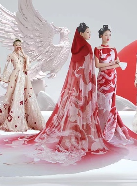 舞加舞礼服租赁 中国风模特走秀霸气舞台大红色演出服 拖尾带披风