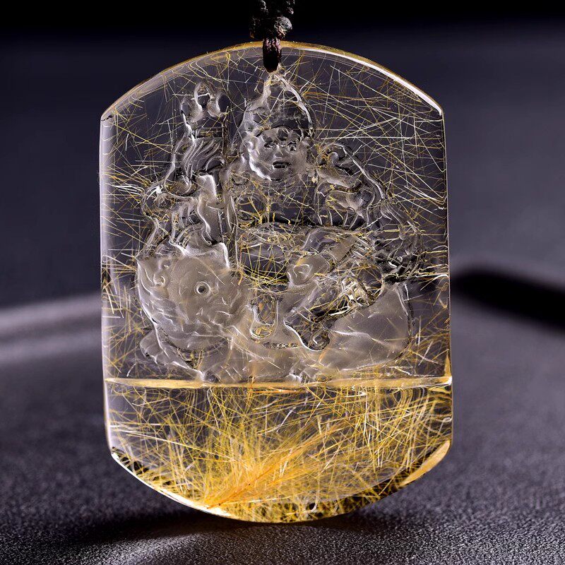 天然发晶黄财神吊坠福禄寿小财神饰品达摩财神爷藏财神添富贵项链