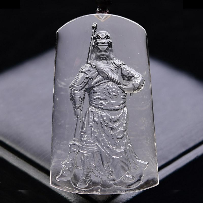天然白水晶关公关二爷武财神项链