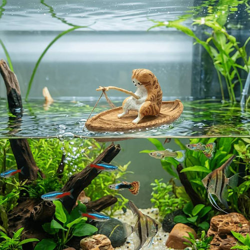 鱼缸造景摆件大全创意猫咪坐船钓鱼高品质树脂耐用海洋主题