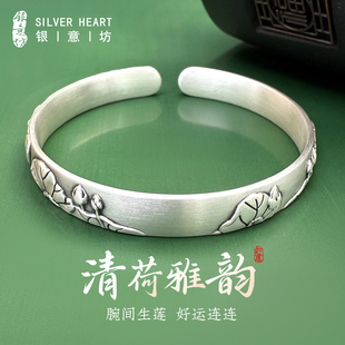 复古银手镯9999纯实心款莲花做旧古法银镯子女款2025新款开口手饰