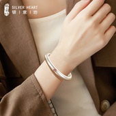 9999纯银手镯年轻款 素圈泥鳅背实心款 银镯子古法银首饰开口马蹄镯