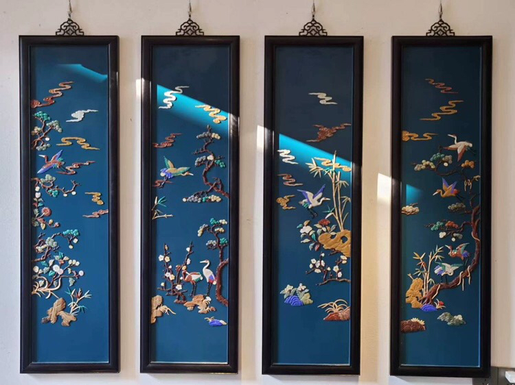 百宝嵌花鸟四条屏茶室书房厅堂办公室国风装饰家居摆件挂画仿古风