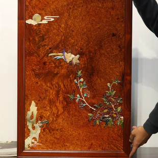瘿木百宝镶嵌花鸟图挂屏茶室客厅书房中式装饰画红木复古家居饰品