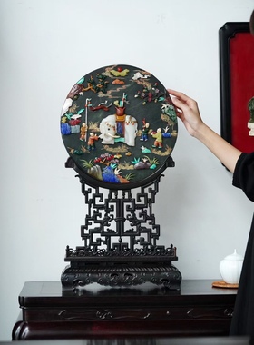 青金碧玉百宝嵌仿古台屏插屏家居装饰摆件太平有象红木工艺品乔迁