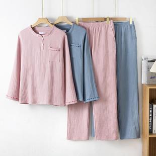 四层加厚全棉棉纱皱纹纱布机理女款两粒扣秋冬睡衣睡裤家居服套装