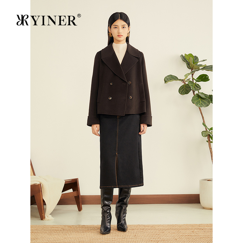 YINER音儿专选2025冬季新款短款翻领羊毛羊绒混纺双面呢大衣外套
