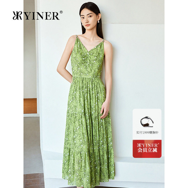 YINER音儿女装吊带裙女夏季优雅时尚艺术印花桑蚕丝V领吊带连衣