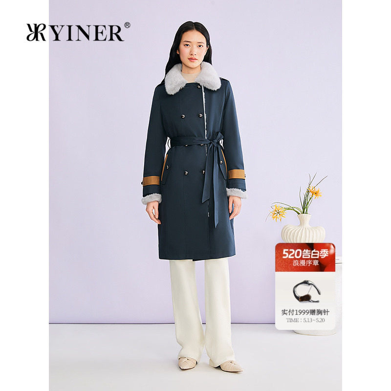 YINER音儿专选女装冬季中长款可拆卸水貂毛领派克服厚实皮草