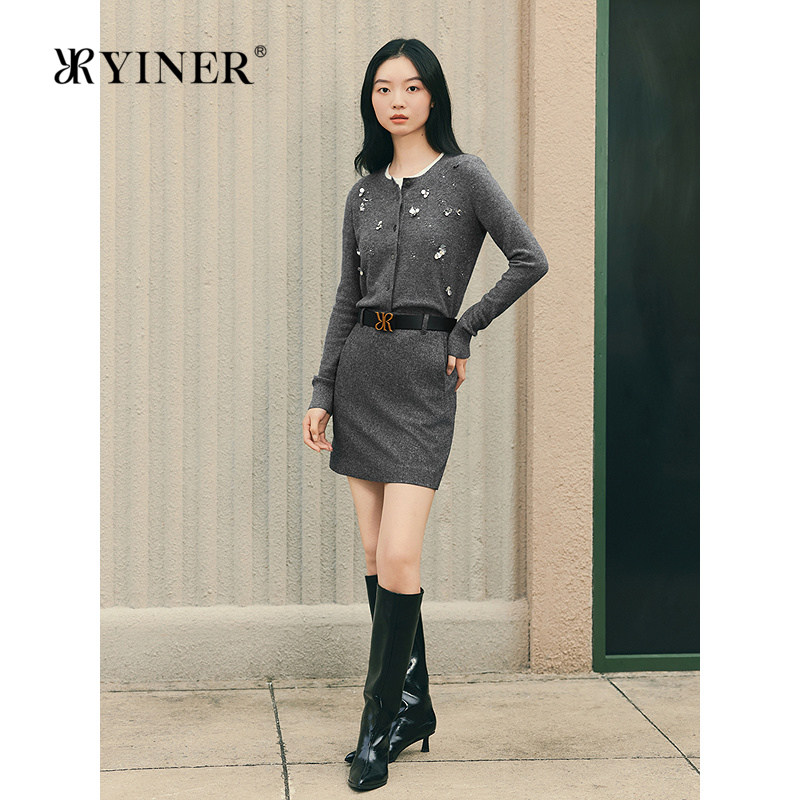 YINER音儿专选2026春季新款羊毛混纺亮丝肌理手工钉珠S型针织开衫