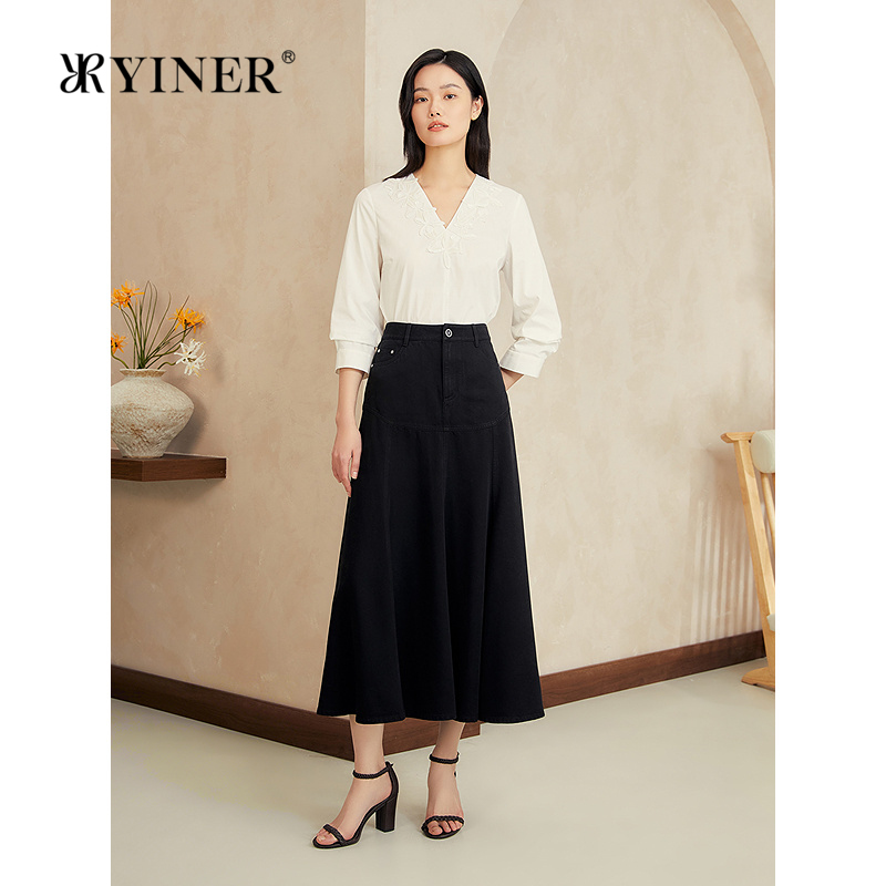 YINER音儿女装2025夏季新款法式艺术刺绣V领七分袖衬衫上衣