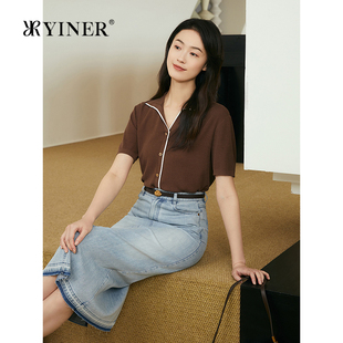 桑蚕丝毛针织衫 新款 真丝系列 咖色翻领上衣 YINER音儿2025夏季