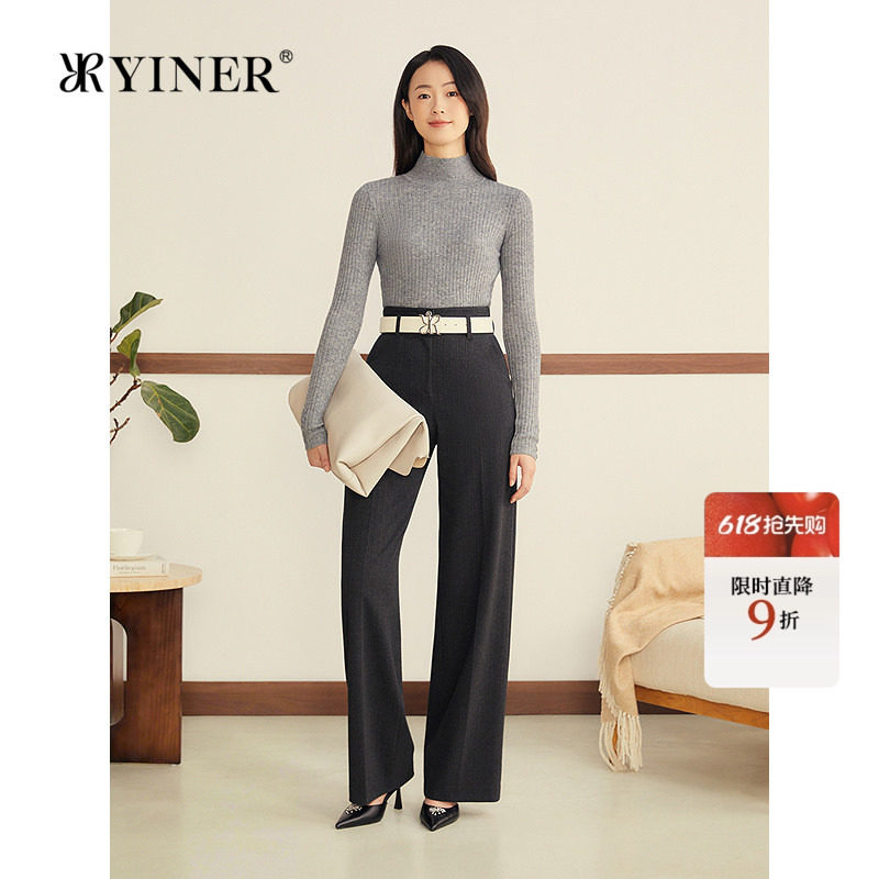 YINER音儿女装冬季法式智感羊绒羊毛混纺螺纹半高领针织衫