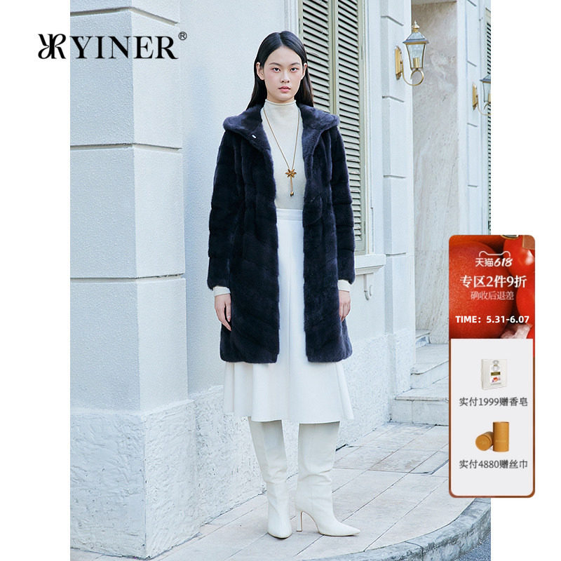 YINER音儿专选女装冬季进口优雅长款连帽整貂母貂水貂毛皮草