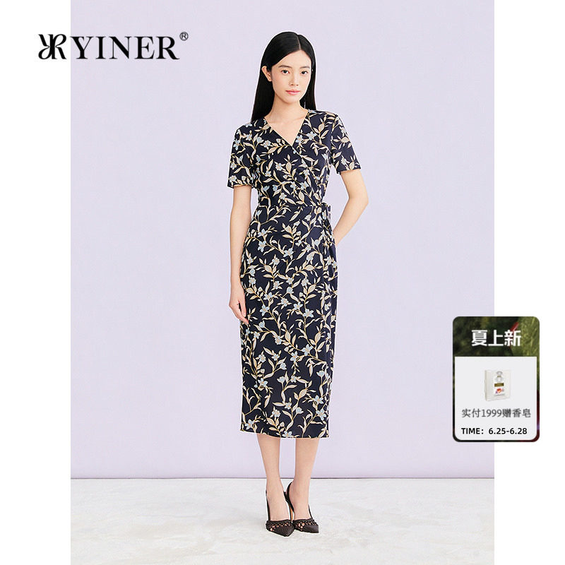 YINER音儿专选2026夏季新款优雅V领艺术印花系带收腰茶歇连