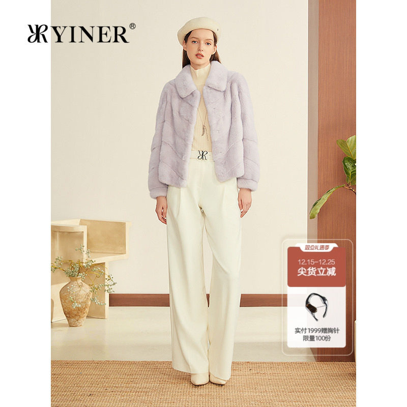 YINER音儿2025冬季新款丹麦进口水貂毛羊皮革拼接翻领短皮草
