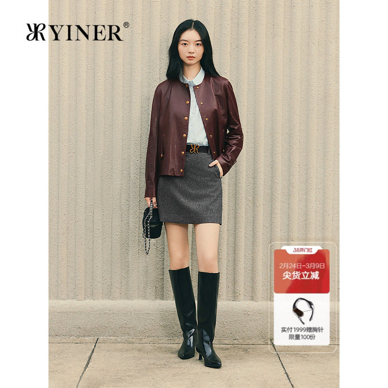 YINER音儿专选2025秋季新款法式复古油蜡皮工艺绵羊真皮皮衣