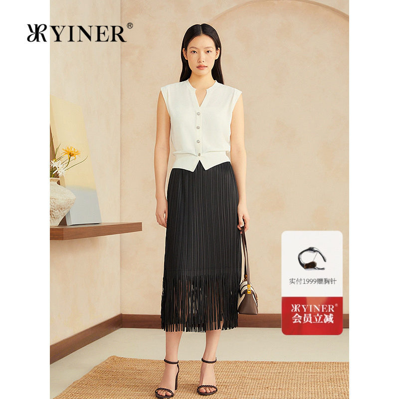 YINER音儿女装夏季法式优雅艺术感小黑裙显瘦流苏褶艺半身裙