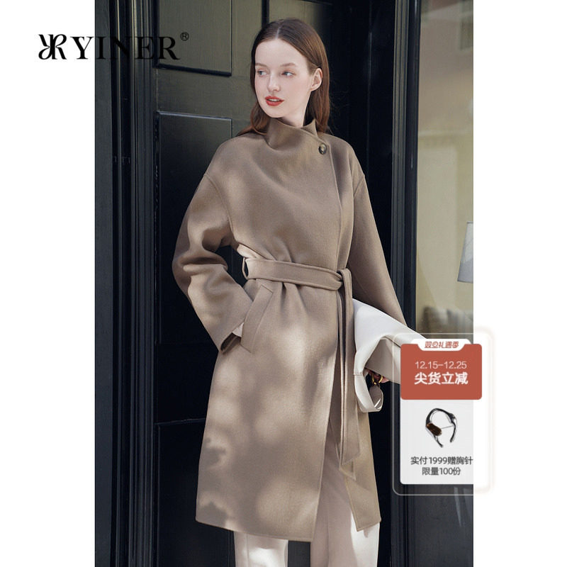 YINER音儿专选女装冬季法式可翻可立领羊毛羊绒混纺双面呢大衣