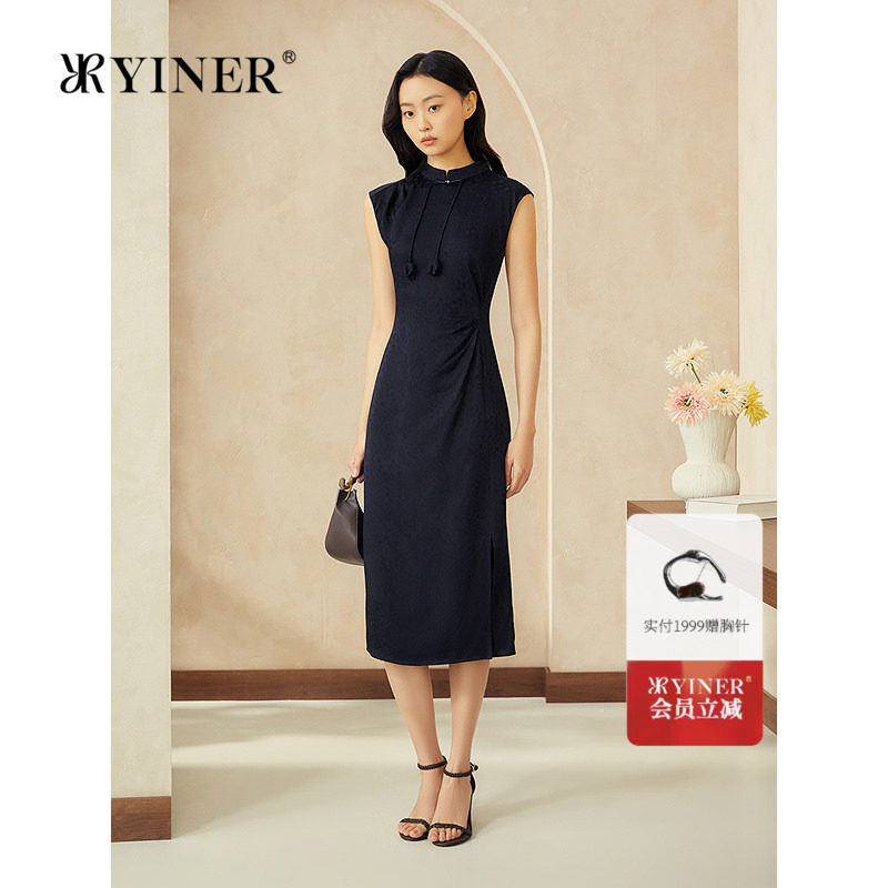 YINER音儿专选女装夏季优雅新中式旗袍领肌理提花S型收腰连衣裙