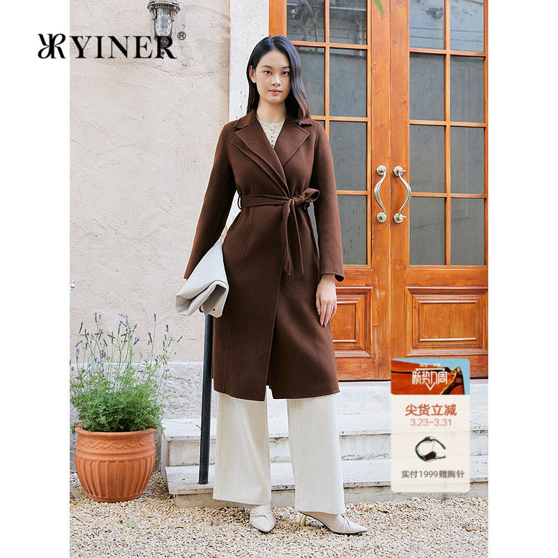 YINER音儿专选2025冬季新款系带双层领羊毛羊绒混纺双面呢大