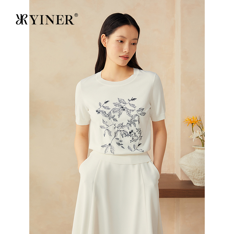 【周末花园】YINER音儿专选2025夏季新款天丝短袖T恤绣花毛针织衫