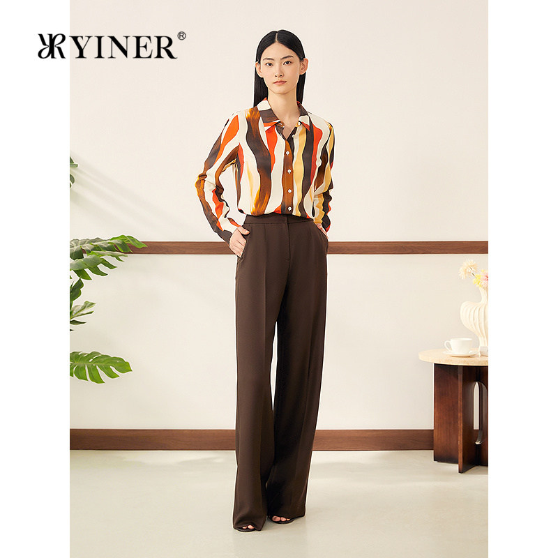 YINER音儿女装秋季法式艺术印花桑蚕丝弹力重绉摩登撞色衬衫