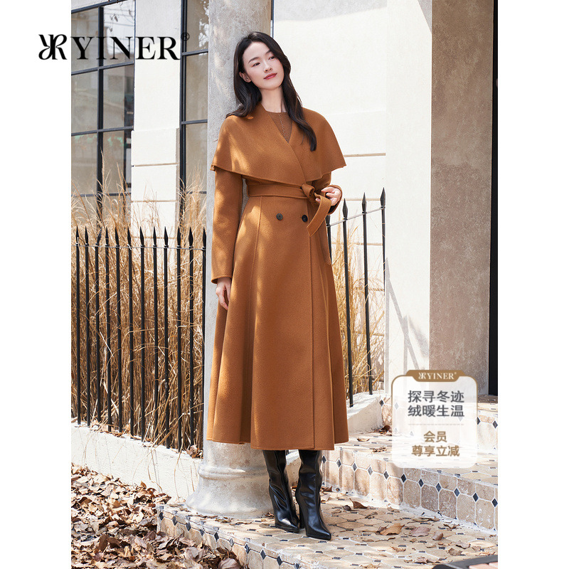 YINER音儿女装冬季1996系列斗篷式披肩翻领美丽诺羊毛双面呢大衣