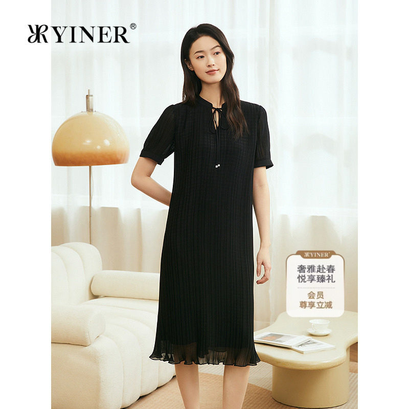 YINER音儿专选女装夏季新中式系带半开领艺术皱褶显瘦连衣裙