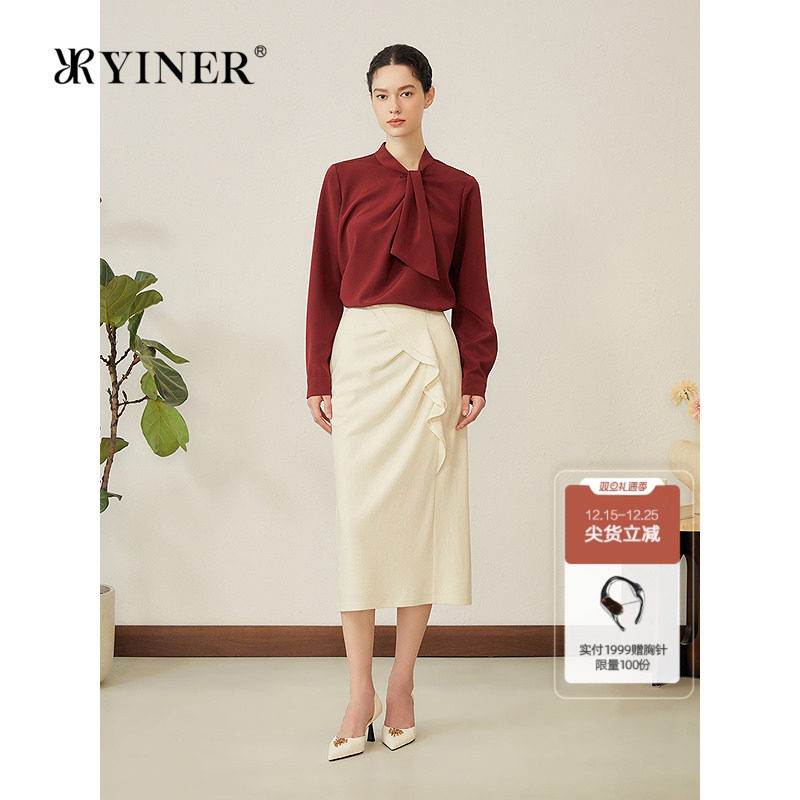 YINER音儿2025秋季新款优雅弹力重绉蚕丝真丝混纺飘带领衬衫