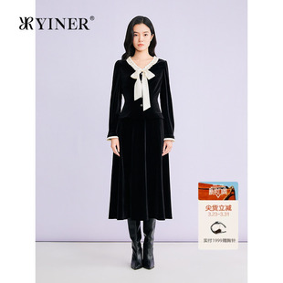 YINER音儿专选2026春季 优雅蝴蝶结荷叶边V领收腰丝绒连衣裙 新款