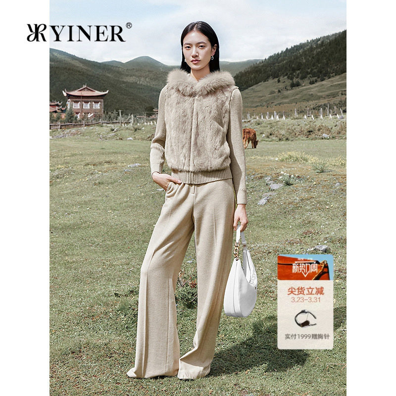 YINER音儿2025冬季新款水貂拼接羊毛混纺针织狐狸毛领皮草外