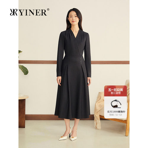 YINER音儿女装冬季法式优雅澳洲美丽奴羊毛混纺V领收腰连衣裙