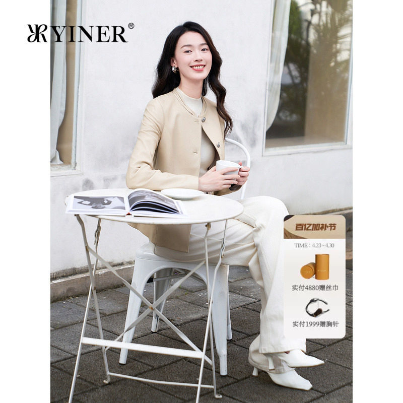 YINER音儿专选女装新中式镂空圆领收腰显瘦绵羊真皮皮衣夹克外套