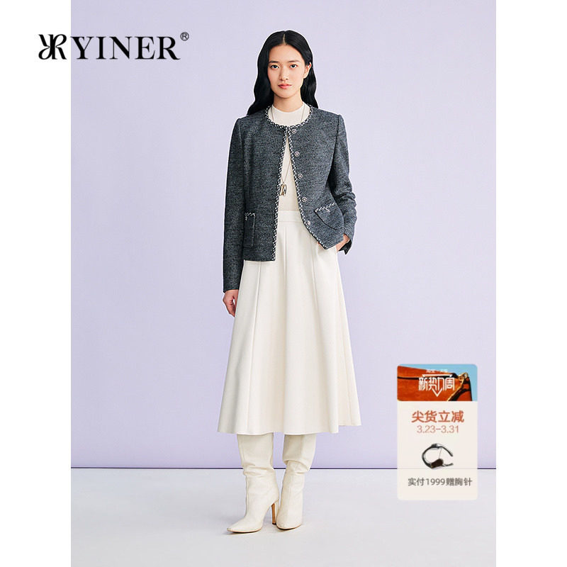 YINER音儿专选2026春季新款法式小香风织带边羊毛混纺箱型短