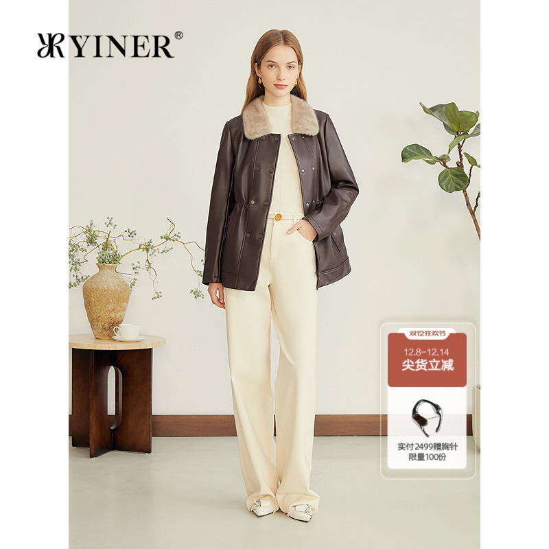 YINER音儿专选2025秋季新款复古巴恩风撞色水貂毛领绵羊真皮皮衣
