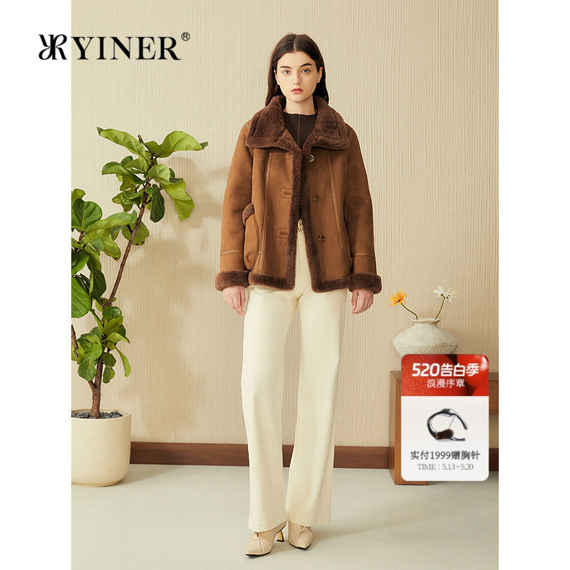 YINER音儿专选女装春季法式正反两面穿环保羊毛皮草短外套