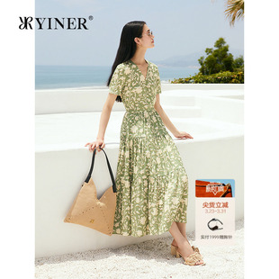 法式 新款 YINER音儿2025夏季 V领弹力桑蚕丝印花连衣裙 真丝系列