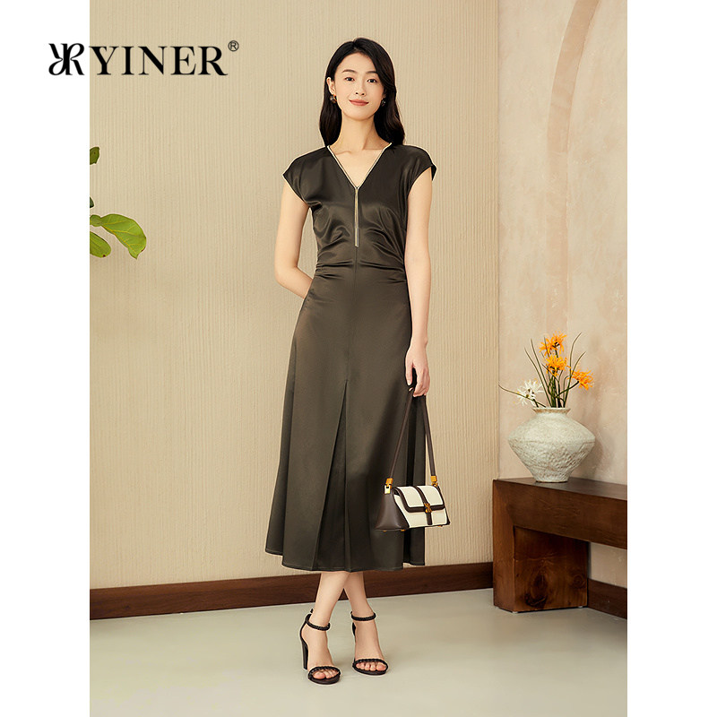 YINER音儿女装夏季时尚链条V领醋酸混纺气质通勤收腰连衣裙