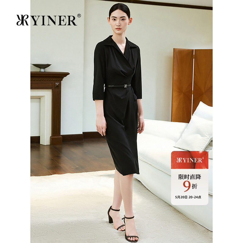 YINER音儿女装夏季时尚法式100绵羊毛小黑裙翻领褶艺显瘦连衣