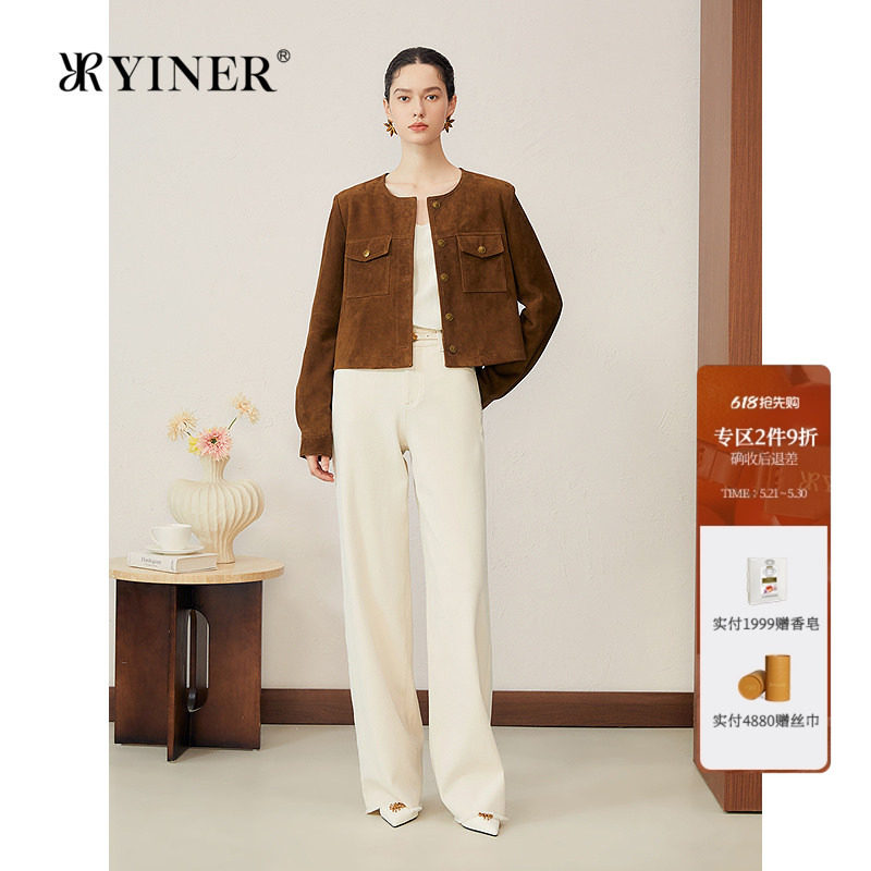 YINER音儿女装秋季法式头层反绒羊皮短款H型圆领真皮皮衣夹克