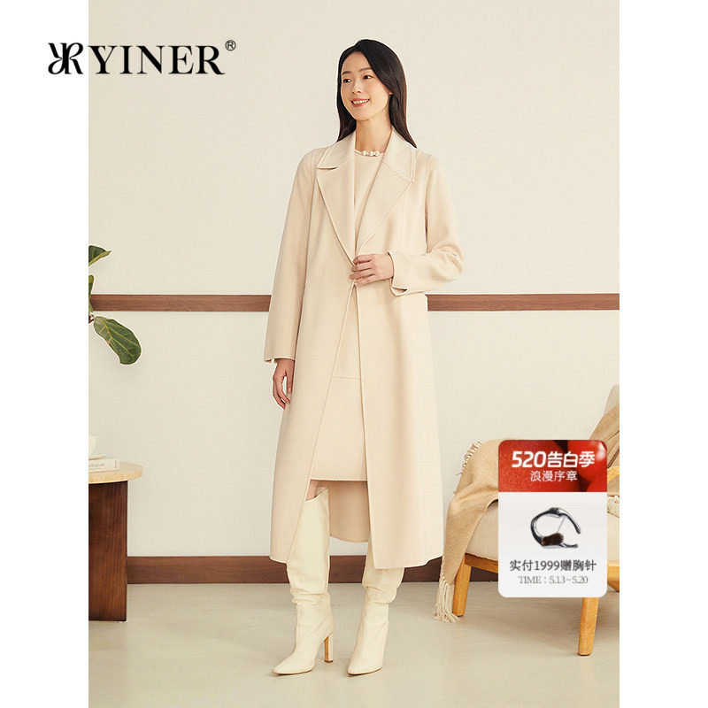 YINER音儿女装冬季法式羊毛羊绒混纺翻驳领长款收腰毛呢大衣