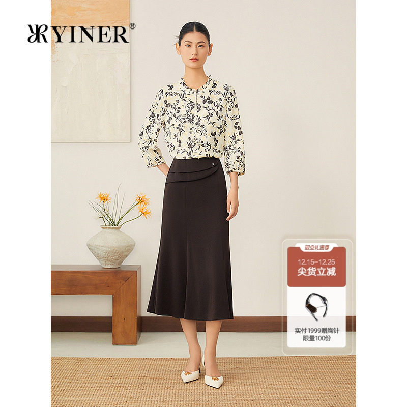 YINER音儿2025秋季新款法式优雅弹力斜纹绸木耳边蚕丝真丝上