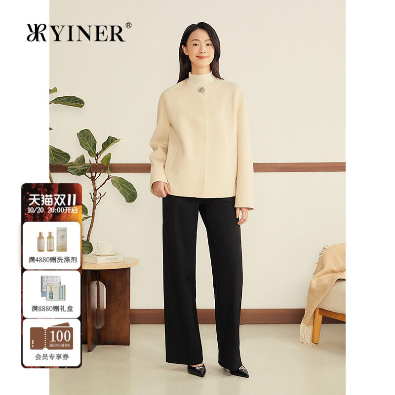 YINER音儿女装冬季法式百搭羊毛羊绒混纺蝙蝠袖双面呢短外套